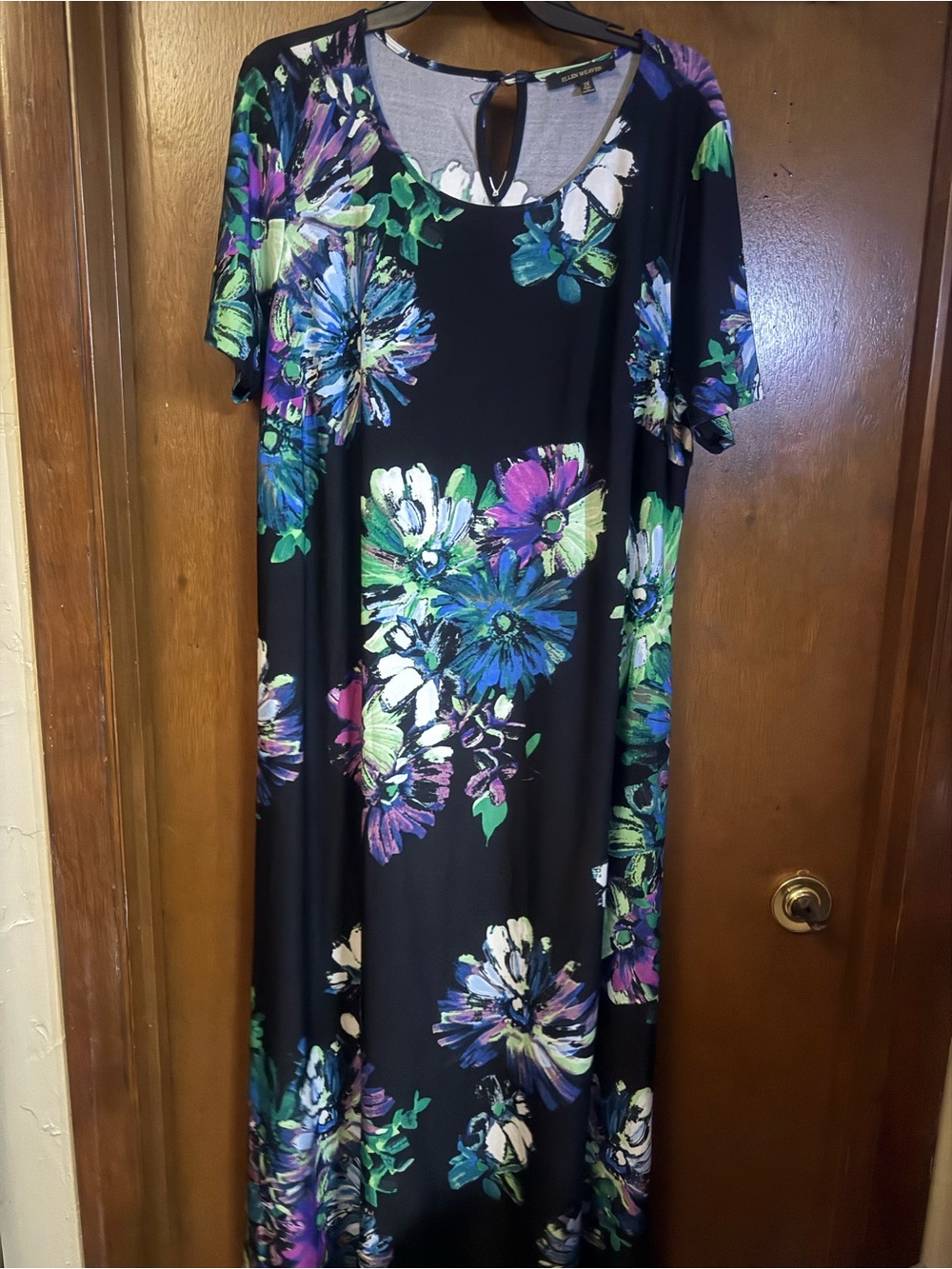 Ellen Weaver Black Floral Maxi Dress with Blue, Purple & Green Blooms